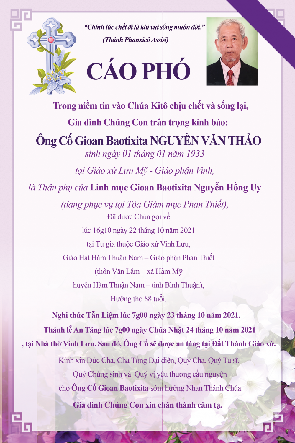 Cáo Phó Ông Cố GB Nguyễn Văn Thảo