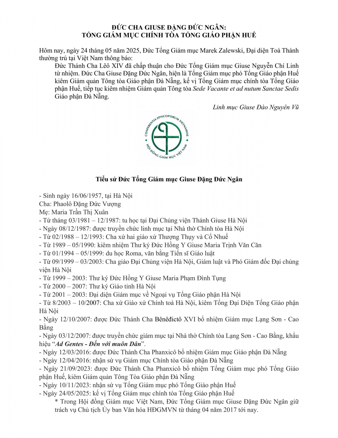 duc cha giuse dang duc ngan tong giam muc chinh toa tong giao phan hue