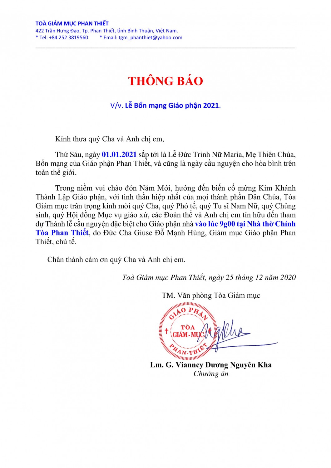 Thông báo Lễ Bổn mạng Giáo phận 2021 1
