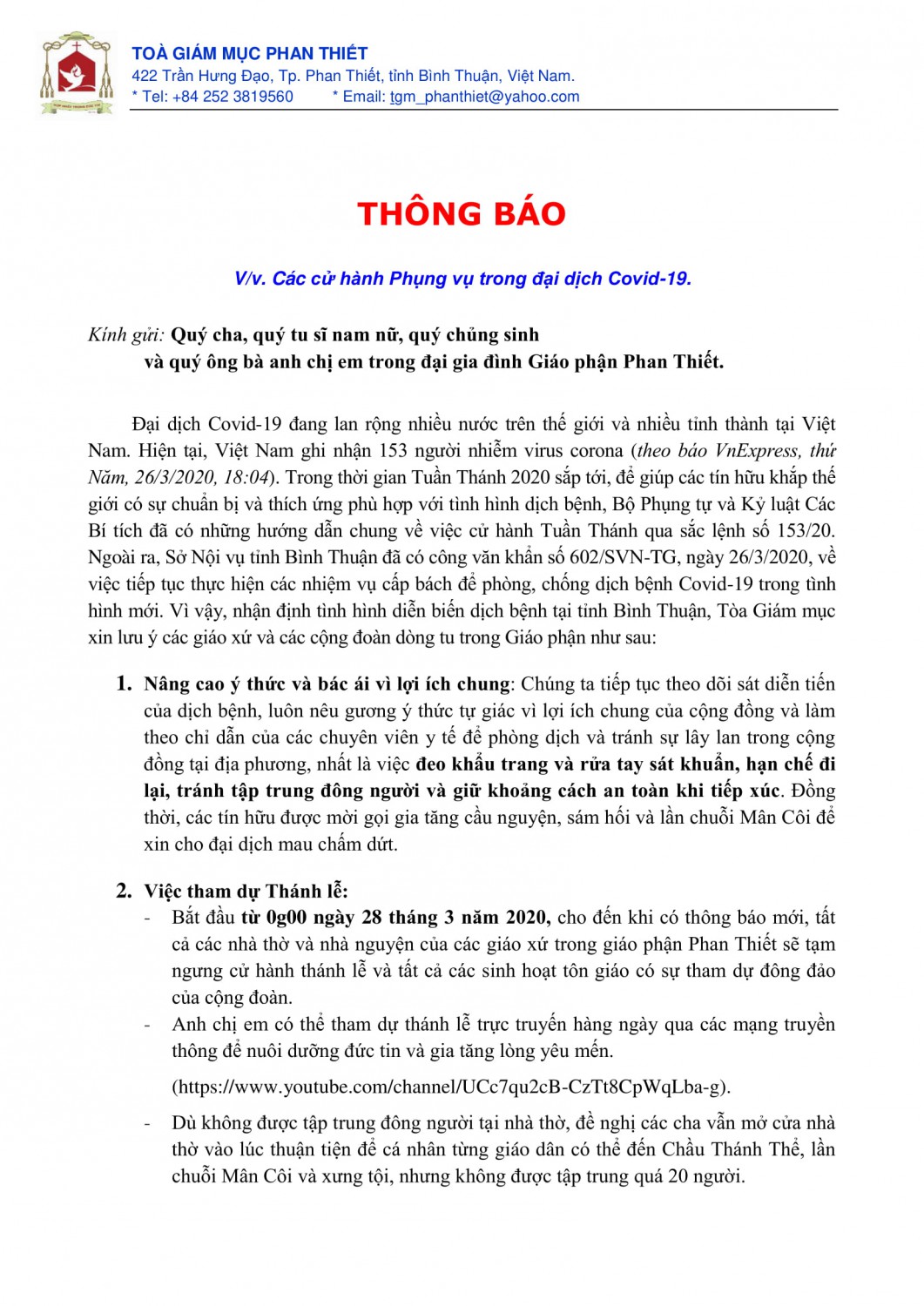 Thông báo về các cử hành phụng vụ trong mùa dịch 1